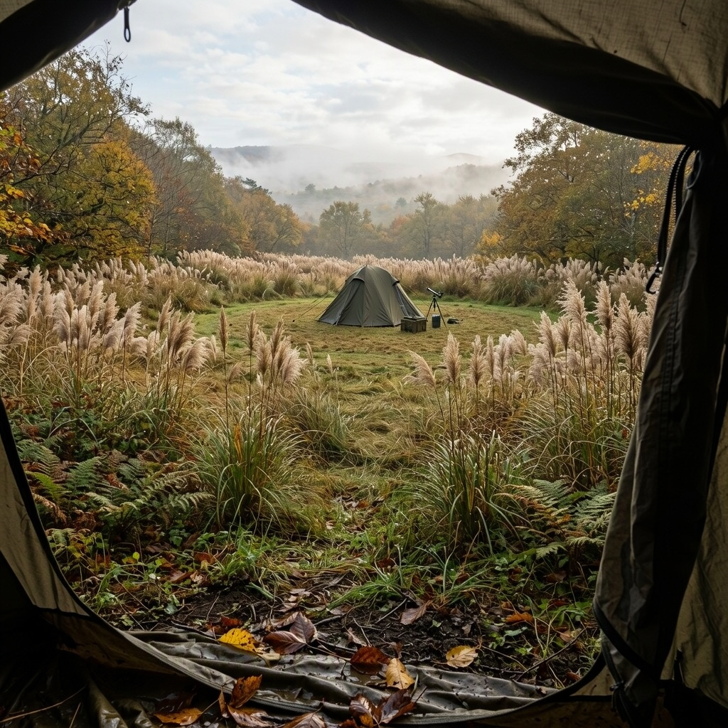 A tent and meadow seen from inside an open tent doorway. Tall grass surrounds a mown clearing, with a small telescope beside the tent.
