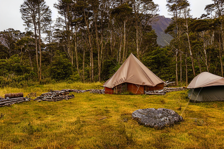 A cozy brown tent rests on a dirt campsite in Milford Sound, surrounded by wild bushes and berry plants. A winding path, picnic table, and campfire logs create a welcoming spot beneath the stormy golden sky.