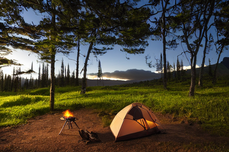 A green tent rests on a quiet paved campsite in Hawaii, surrounded by stones and a dirt patch. A backpack sits nearby, while a large log lies beside the campfire. Hikers enjoy the warm golden light beneath a clear sky.