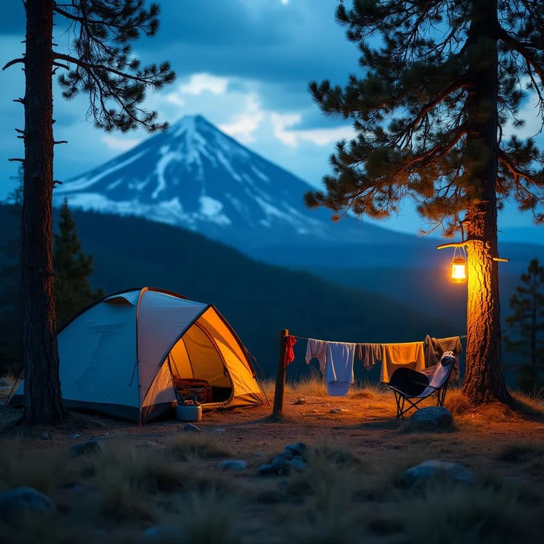 A cozy campsite rests in Yellowstone beneath a soft, cloudy blue-hour sky. A tent, camping chair, glowing solar lantern, and clothesline sit among the trees, while a nearby volcano sends a warm lava flow into the distance.