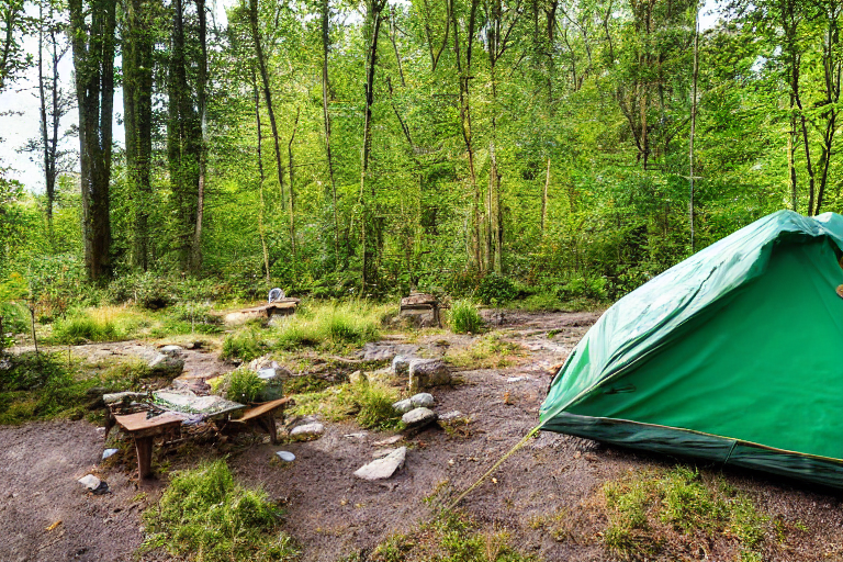 A green and tan tent rests on a quiet dirt campsite in Plitvice Lakes National Park. Ferns, stones, and patches of snow surround the site as the setting sun casts a warm glow.