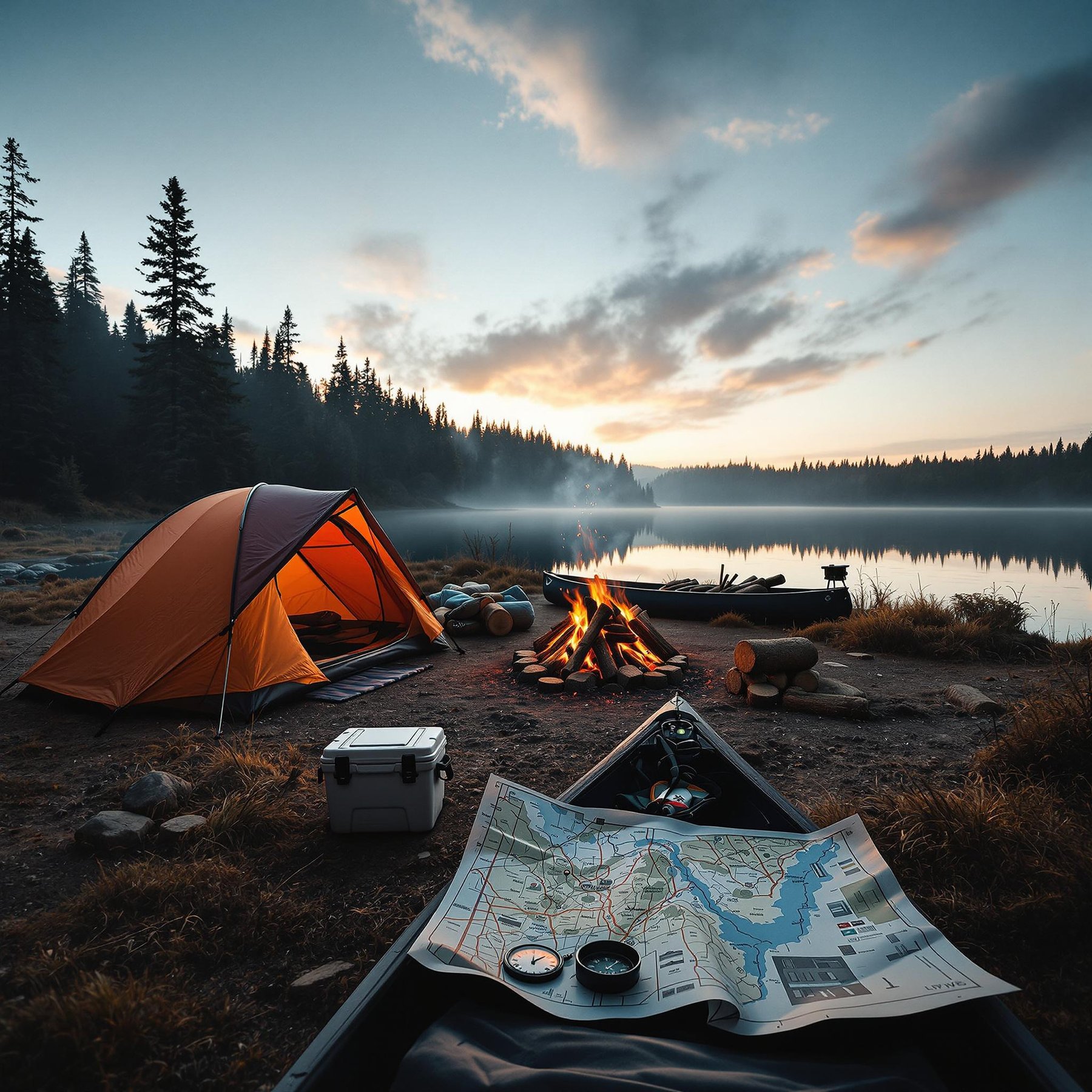A cozy campsite sits by a sparkling lake, surrounded by tall, whispering trees. The warm glow of a campfire lights up the orange tent and the evening sky. A map, ready for adventure, lies next to a calm canoe ready to explore the peaceful waters.