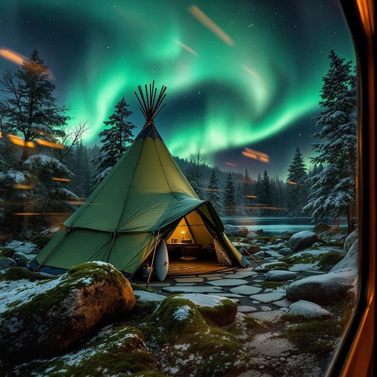 Under the magical glow of the northern lights, a cozy tent sits by a snowy forest and a frozen lake. The sky dances with green and blue as soft snow rests on the trees and rocks. It's a peaceful, winter wonderland where nature feels like a dream.