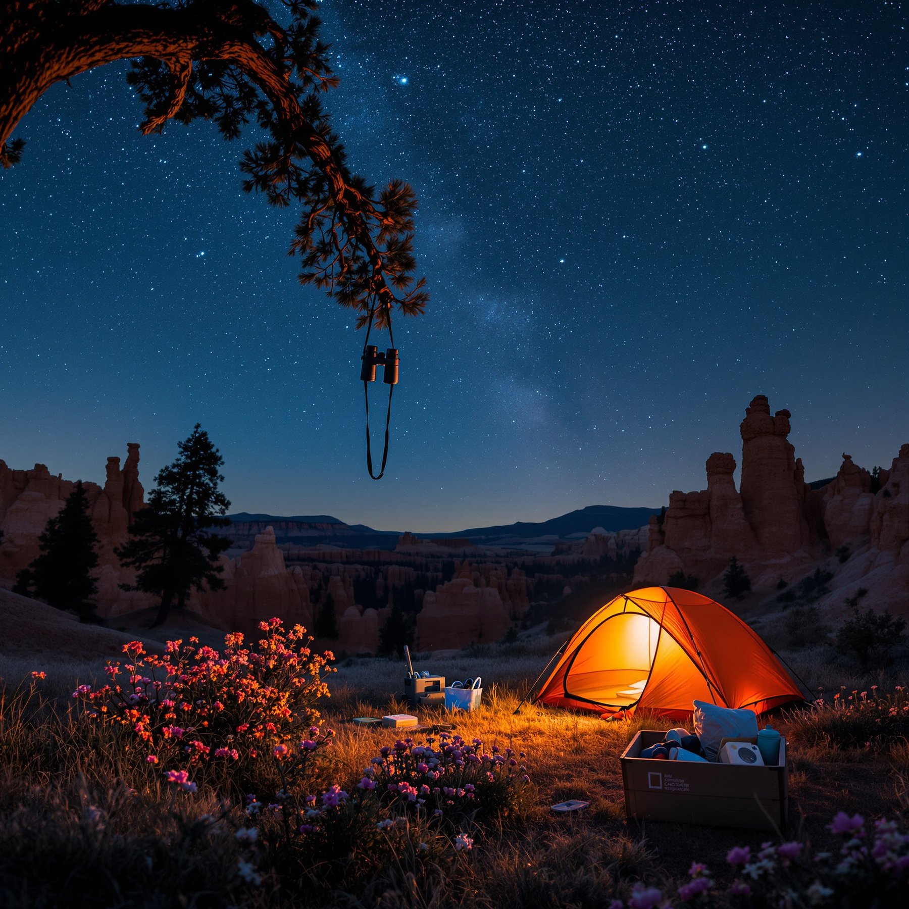 A glowing tent sits under a sky full of stars, surrounded by colorful wildflowers and tall, rocky cliffs. The air feels calm and peaceful, perfect for a cozy night outside. Binoculars hang from a tree branch, ready for stargazing adventures.
