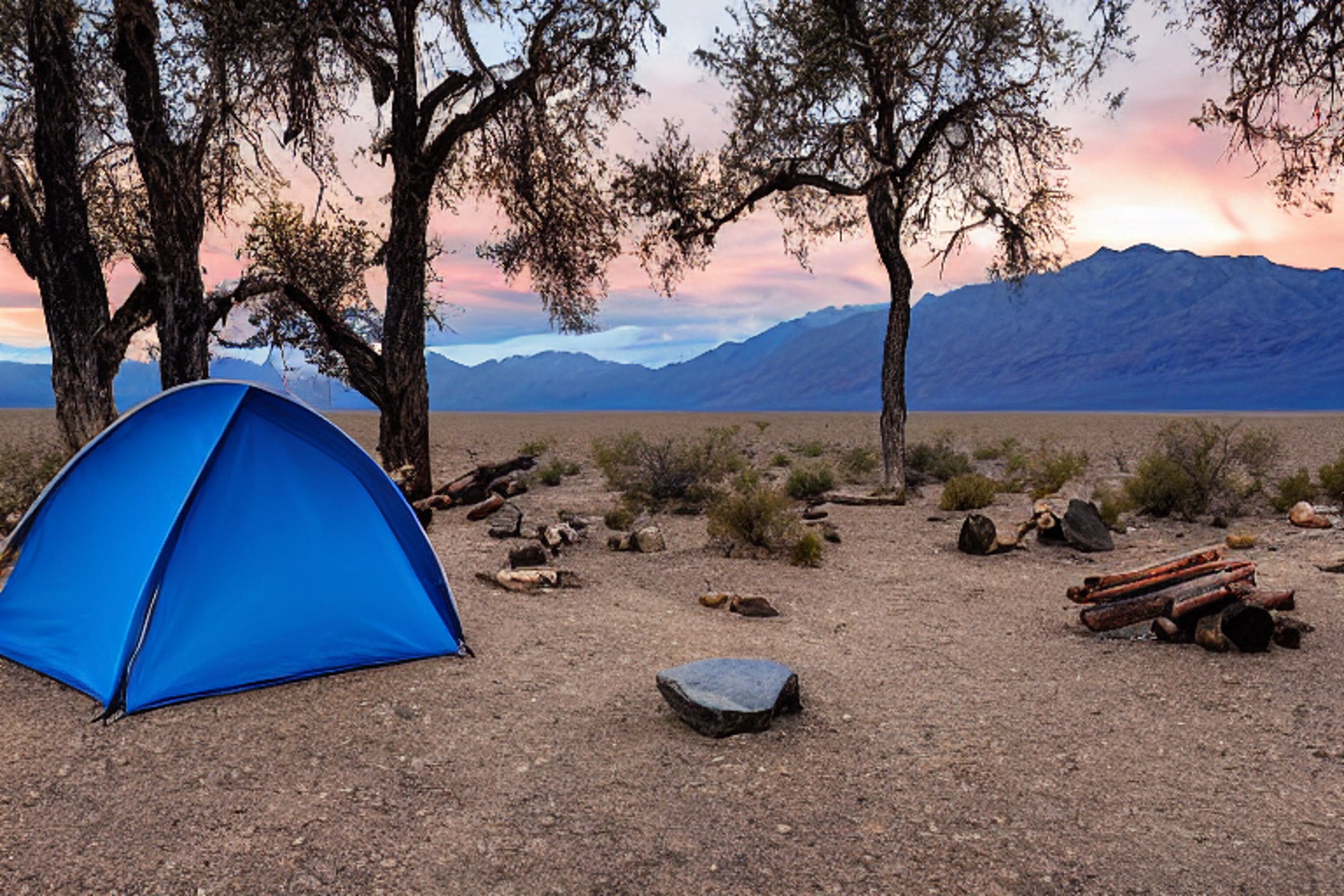 A blue and gray tent rests on a paved campsite in Death Valley as the sun sets behind cloudy skies. Hikers gather near a warm campfire ringed with stones, while small trees add a touch of shade to the sandy ground.