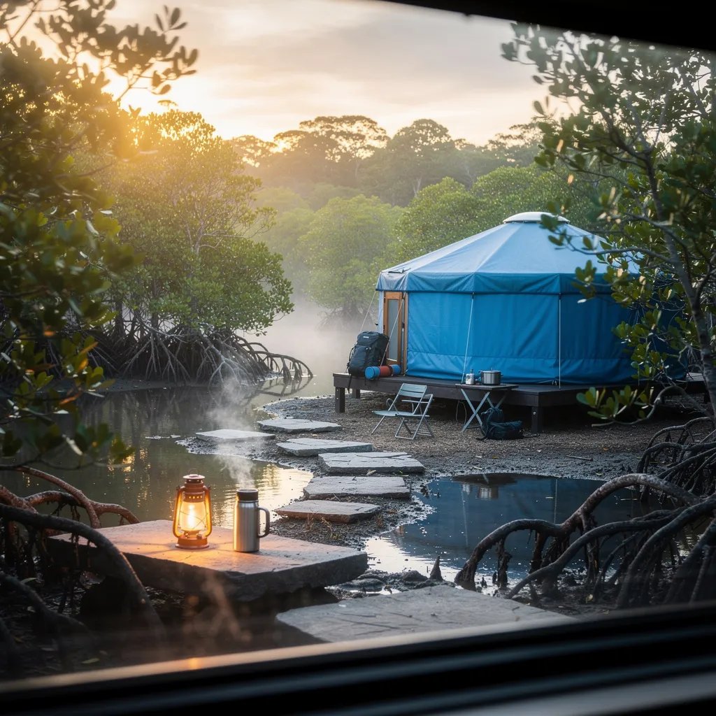 A quiet mangrove swamp campsite glows in the golden sunrise, with mist drifting over calm water and twisted roots. A steel-blue yurt sits on a small platform, tucked into a green clearing. A warm lantern shines beside a thermos of coffee, making the scene feel cozy and peaceful.
