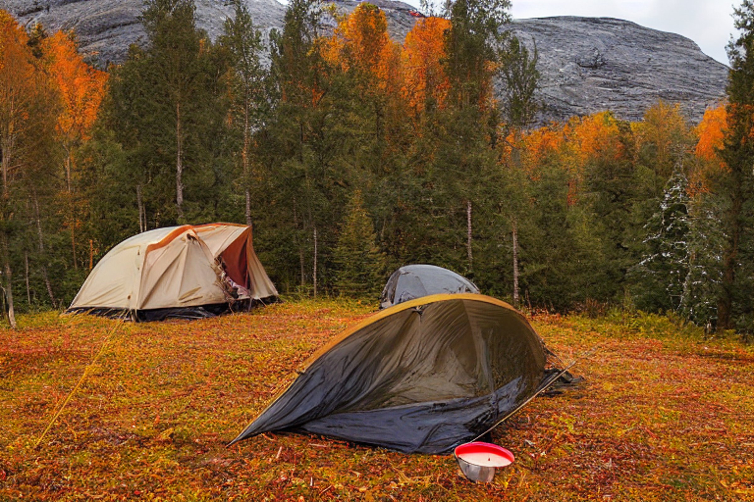 A cozy tent rests beside a paved campsite in Norway, surrounded by golden fall trees. A box of camping gear sits nearby, while a berry-covered bush adds a bright touch. Soft clouds and gentle light create a calm outdoor mood.