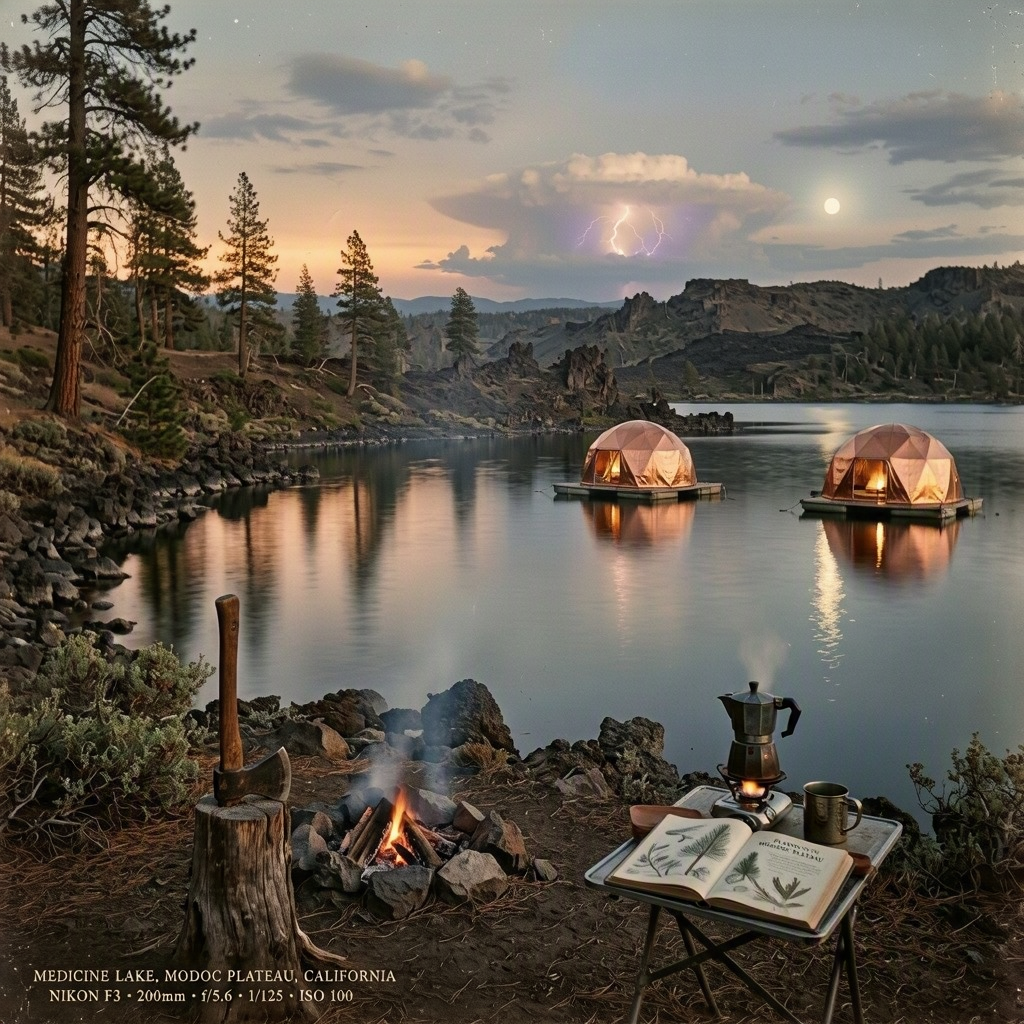 Two copper tents float on the calm lake, surrounded by tall pines and rugged volcanic cliffs. A small campfire smolders nearby, while a table holds a field guide and a steaming pot. Warm sunlight fades as the moon rises and a storm glows in the distance.