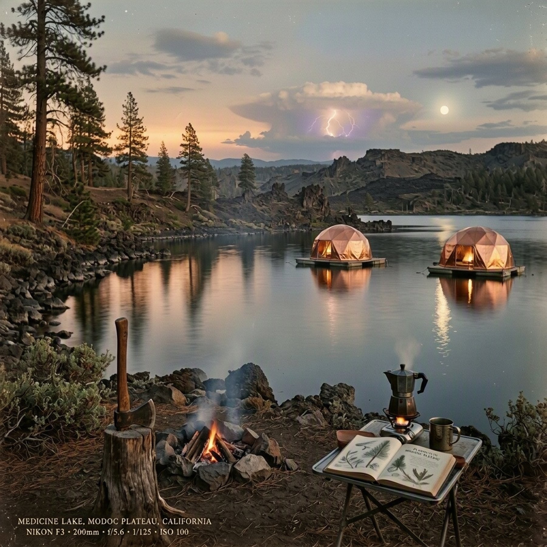 Two copper tents float on the calm lake, surrounded by tall pines and rugged volcanic cliffs. A small campfire smolders nearby, while a table holds a field guide and a steaming pot. Warm sunlight fades as the moon rises and a storm glows in the distance.