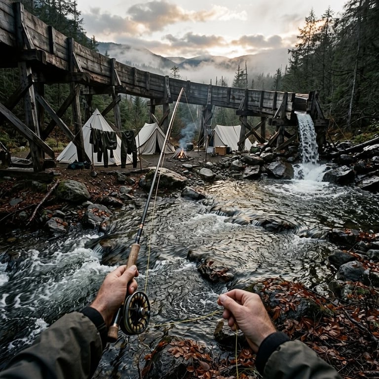 A creekside camp seen from a fly fisher’s point of view. Water pours from a wooden channel beside tents, drying clothes, and a small fire.