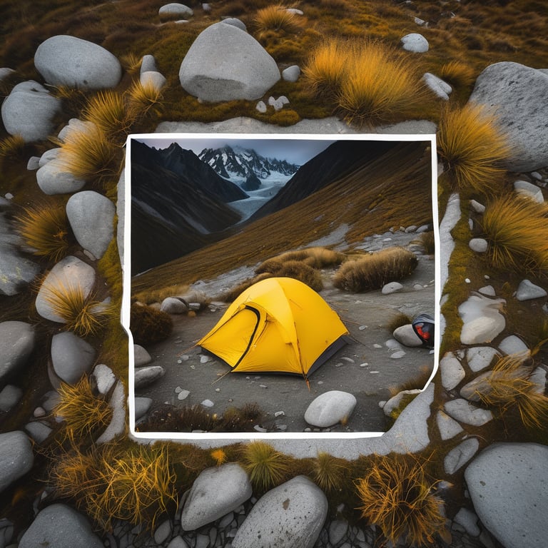 A bright yellow tent rests in the tall grass of Mount Cook National Park. Fog drifts through the rocky campsite as twilight settles over the mountains. A small flashlight glows in the distance.