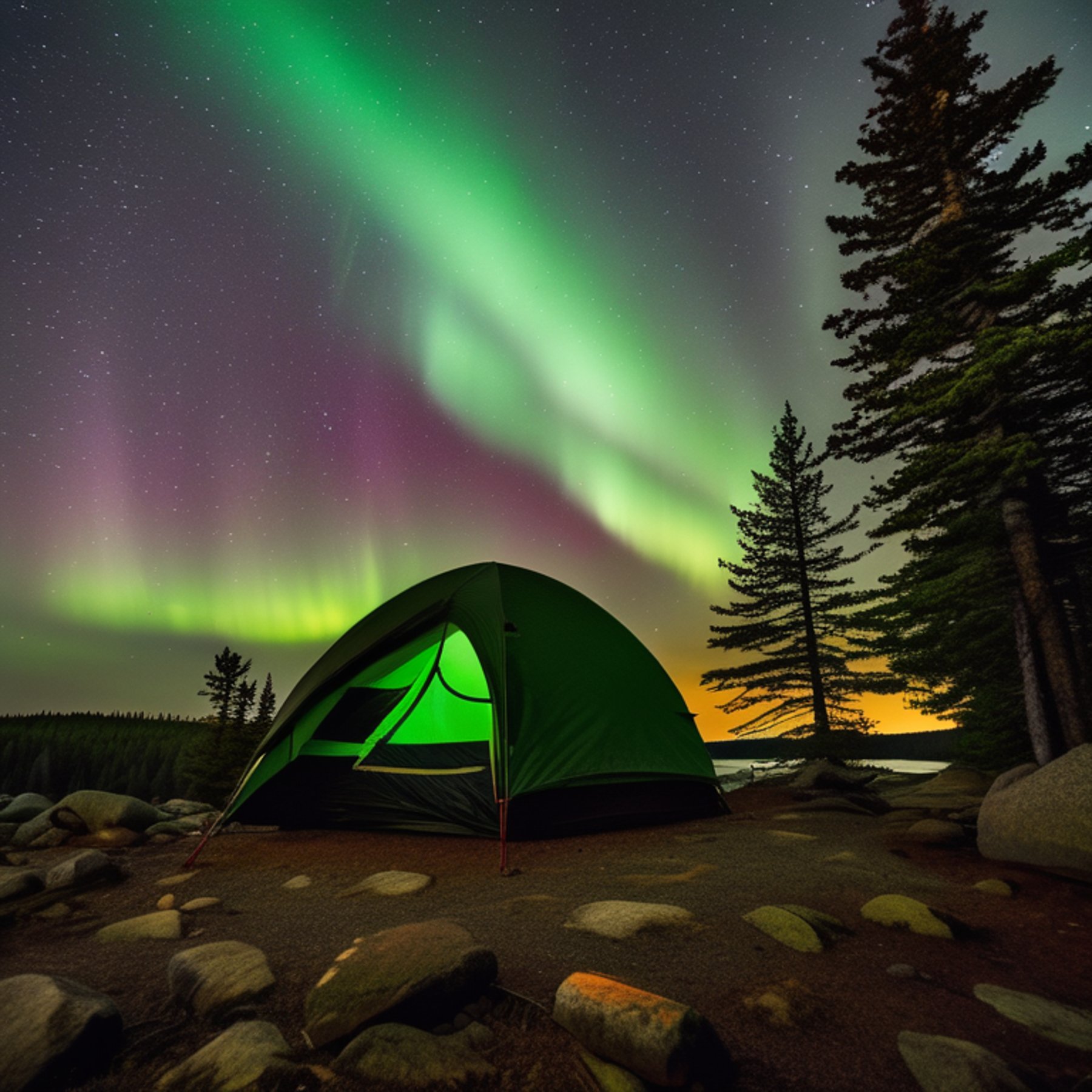 A green tent rests on a rocky dirt clearing in Acadia National Park. Small trees surround the campsite as hikers gather nearby under a cloudy sky. Bright green northern lights glow above the dark forest.