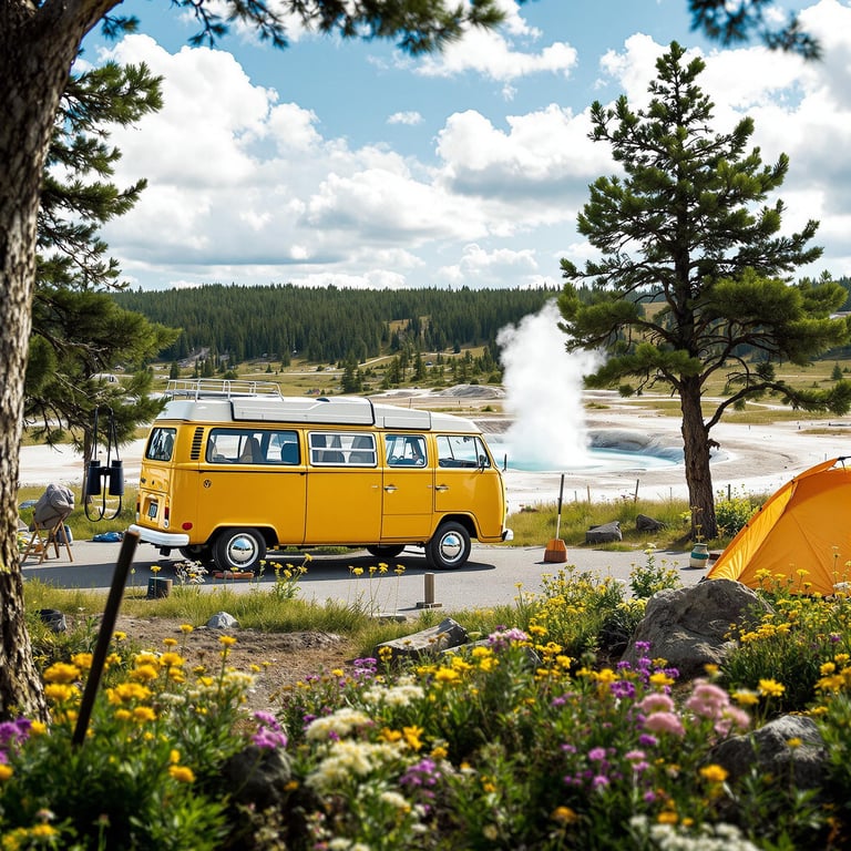 A bright yellow campervan rests beside a steaming geyser, surrounded by tall trees and colorful wildflowers. Binoculars hang from a nearby branch, while a tent waits on the dry ground. From the hilltop, the peaceful campsite sits beneath a partly cloudy sky.