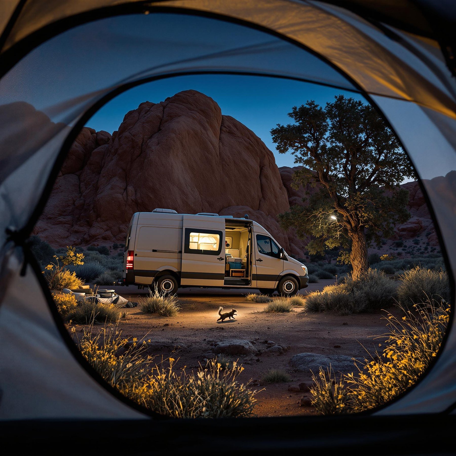 A cozy camper van glows under a big, rocky mountain as the sun sets. The campsite is quiet, with soft lights and a little animal running by. Tall trees and desert plants surround the peaceful scene.