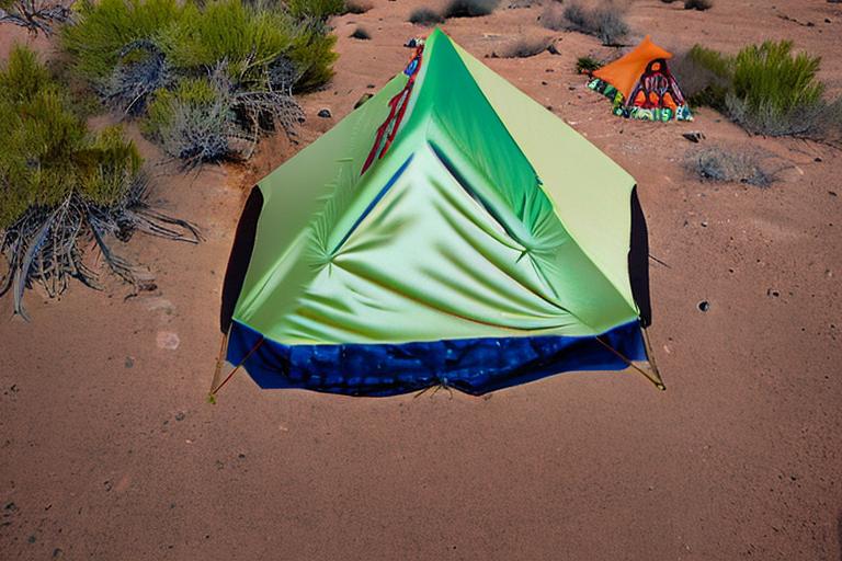 A green camo tent rests on a rough dirt campsite in the New Mexico desert. A clear stream winds through the camp, with camping gear nearby and surfers enjoying the sunny evening. Warm sunset light spreads across the rocky land.