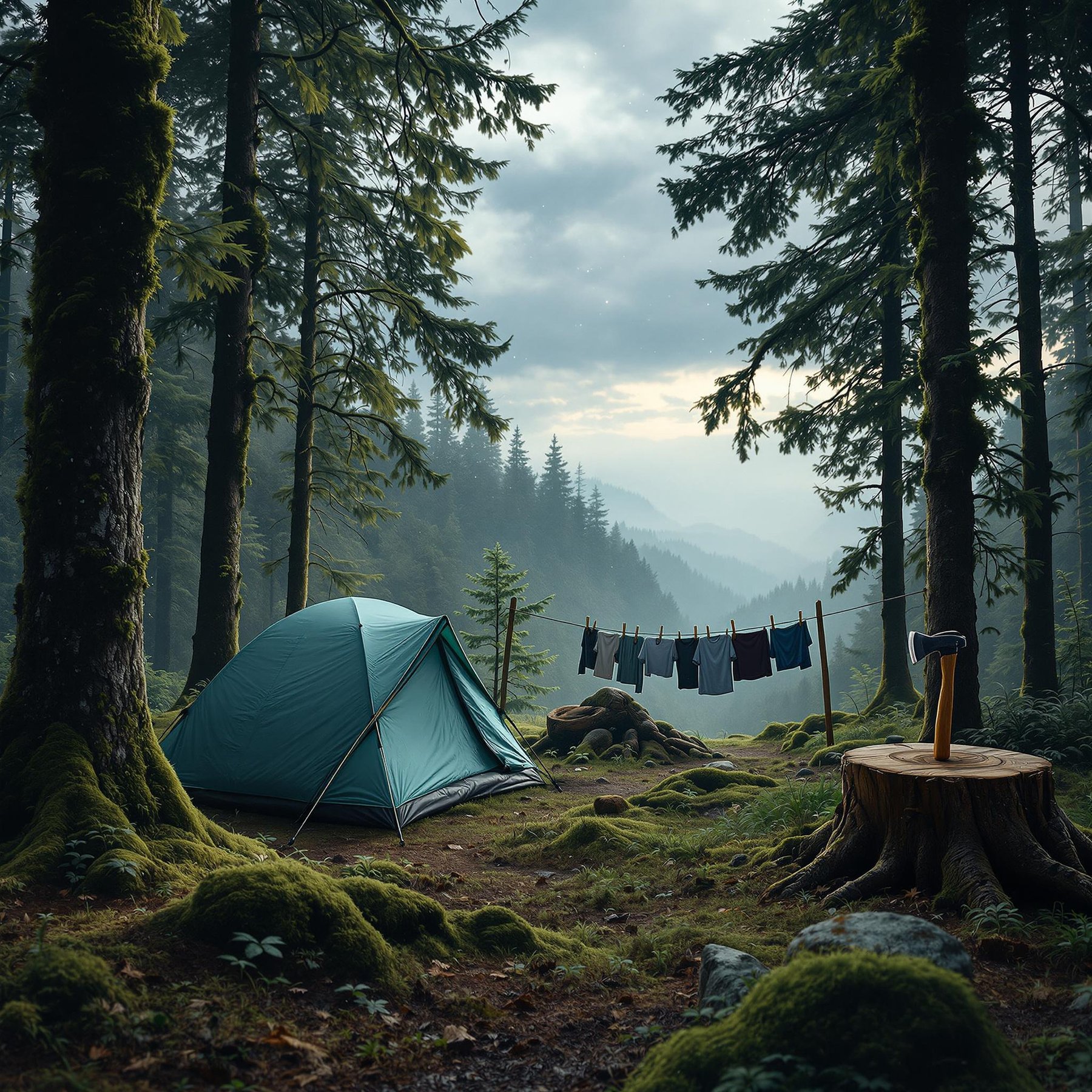 A teal tent rests among moss-covered trees in a quiet forest. Clothes sway on a nearby line, while an axe sits in a tree stump. Mist rises from the river below, and a clear opening shows the starry sky.