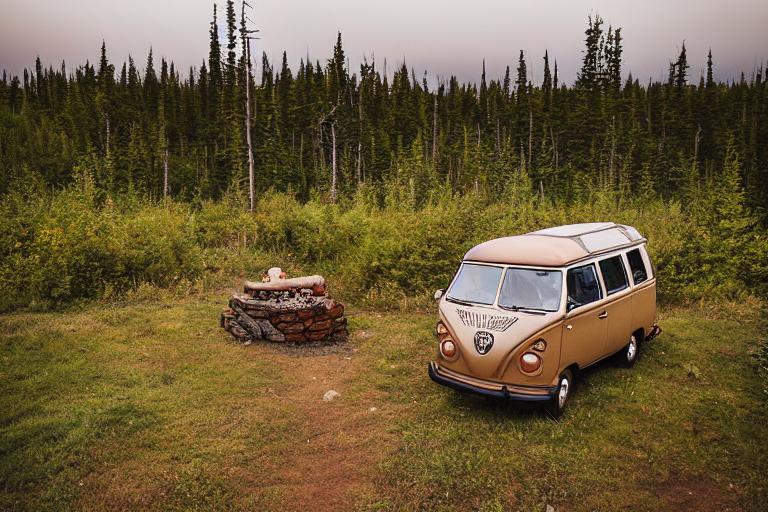 A brown campervan rests in a quiet forest campsite beneath glowing green northern lights. Hikers gather around a warm campfire, while fog drifts through the trees and berry bushes nearby.