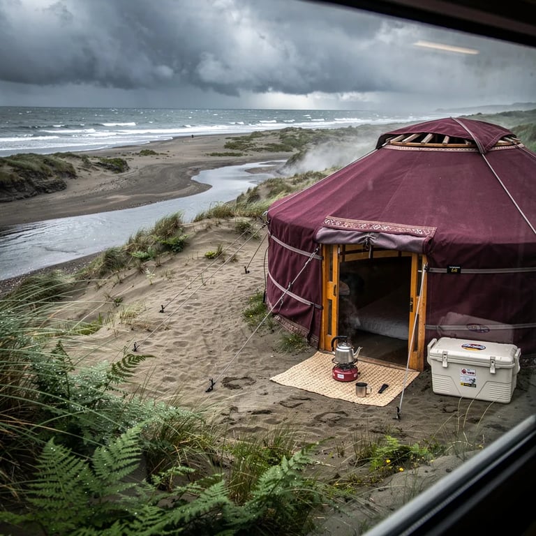 A burgundy yurt sits on a wild, windy beach near the ocean under dark storm clouds. Wet sand shines as light rain and sea mist drift through the air. Ferns and dune grass sway in the foreground, and a small river slips into the waves nearby. By the open door, a cooler and a little stove with a coffee pot make the camp feel warm and cozy.