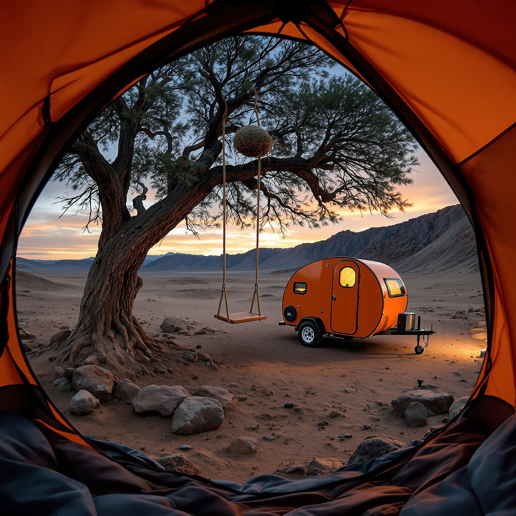 This cozy campsite sits under a big tree in the quiet desert, with mountains in the distance. There’s a bright orange camper and a swing hanging from the tree, perfect for relaxing at sunset. The wide, open sky makes it feel peaceful and calm.