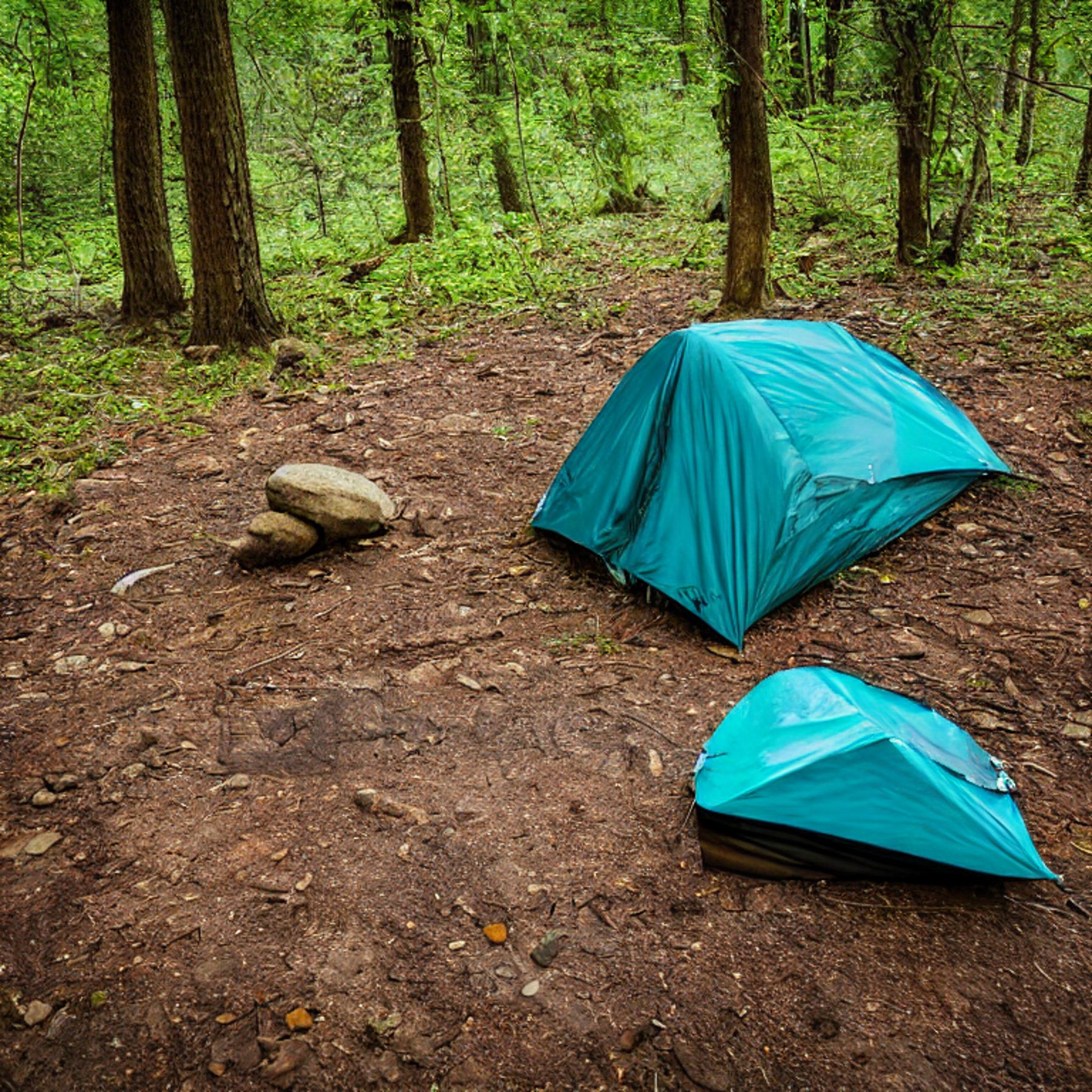 A cozy tent rests on a paved campsite in a quiet forest at dusk. A clear stream winds through the site, beside a backpack, fallen leaves, and a large rock. The open sky and soft evening light create a peaceful outdoor escape.