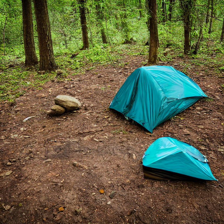 A cozy tent rests on a paved campsite in a quiet forest at dusk. A clear stream winds through the site, beside a backpack, fallen leaves, and a large rock. The open sky and soft evening light create a peaceful outdoor escape.