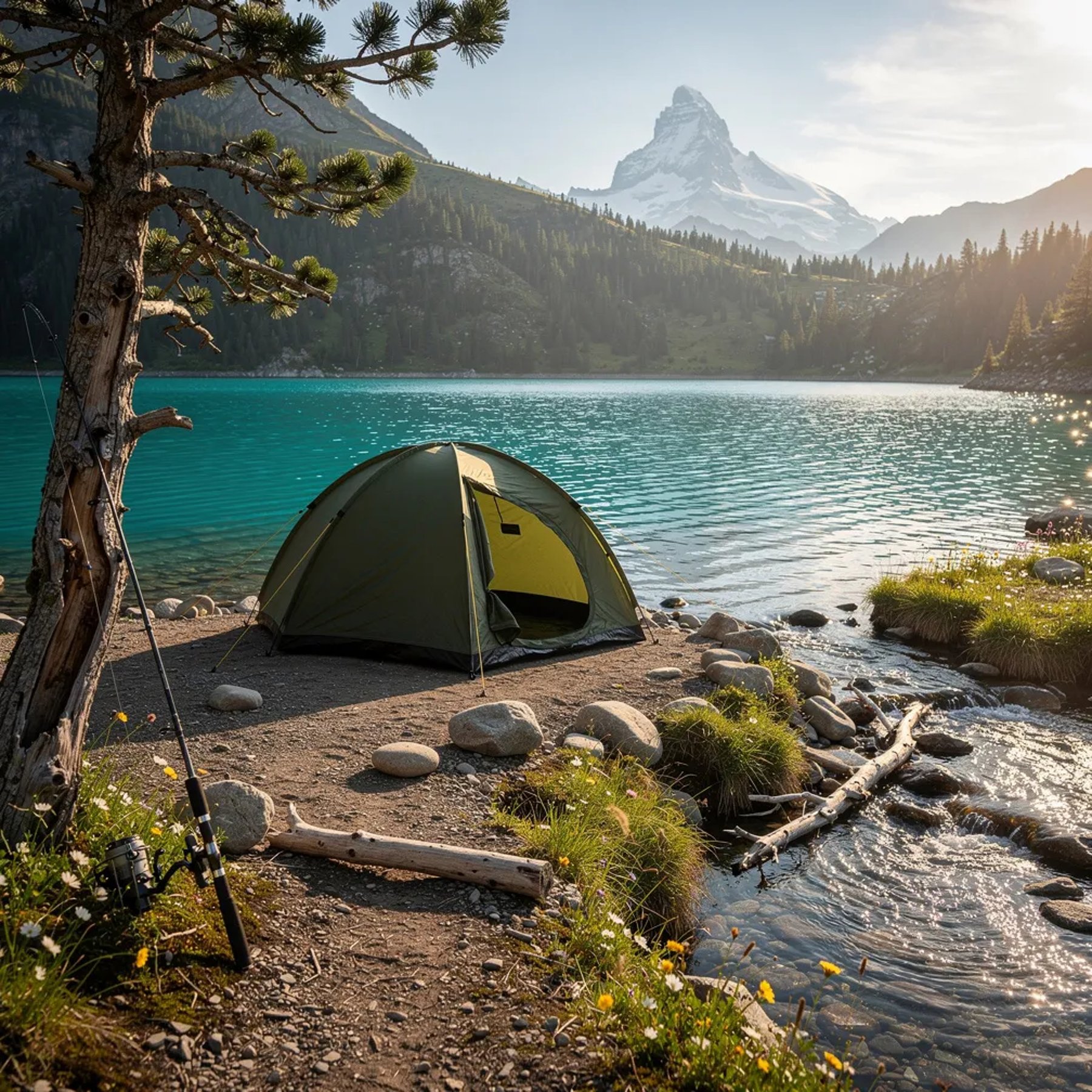 A cozy green tent sits by a bright turquoise lake, with tiny wildflowers growing in the rocky dirt. A clear stream winds through the campsite, and smooth stones and driftwood rest along the shore. Warm sunset light glows on everything as the breeze ruffles the water, with a snowy mountain far away under a clean sky.