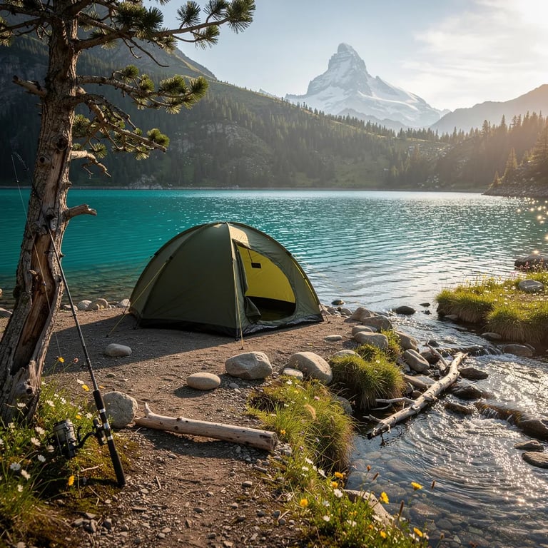 A cozy green tent sits by a bright turquoise lake, with tiny wildflowers growing in the rocky dirt. A clear stream winds through the campsite, and smooth stones and driftwood rest along the shore. Warm sunset light glows on everything as the breeze ruffles the water, with a snowy mountain far away under a clean sky.