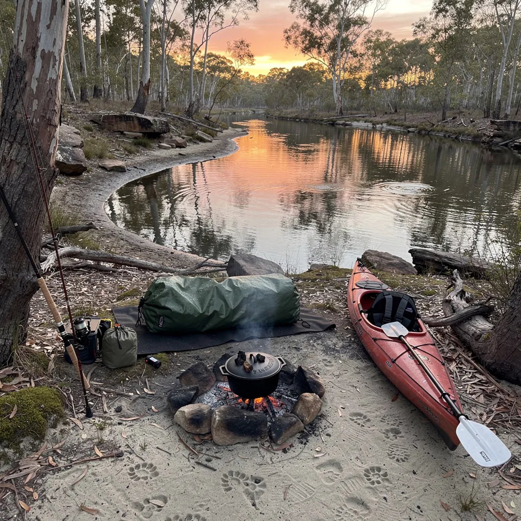 A quiet campsite sits by a calm bend in the river, surrounded by tall eucalyptus trees in the Blue Mountains. Warm sunset light glows through the leaves, mixing with a soft little fire and cool evening mist. A camo bivy rests on the damp ground, with a Dutch oven tucked in the coals, a fishing rod against a gum tree, and a kayak pulled up on the sandy shore.