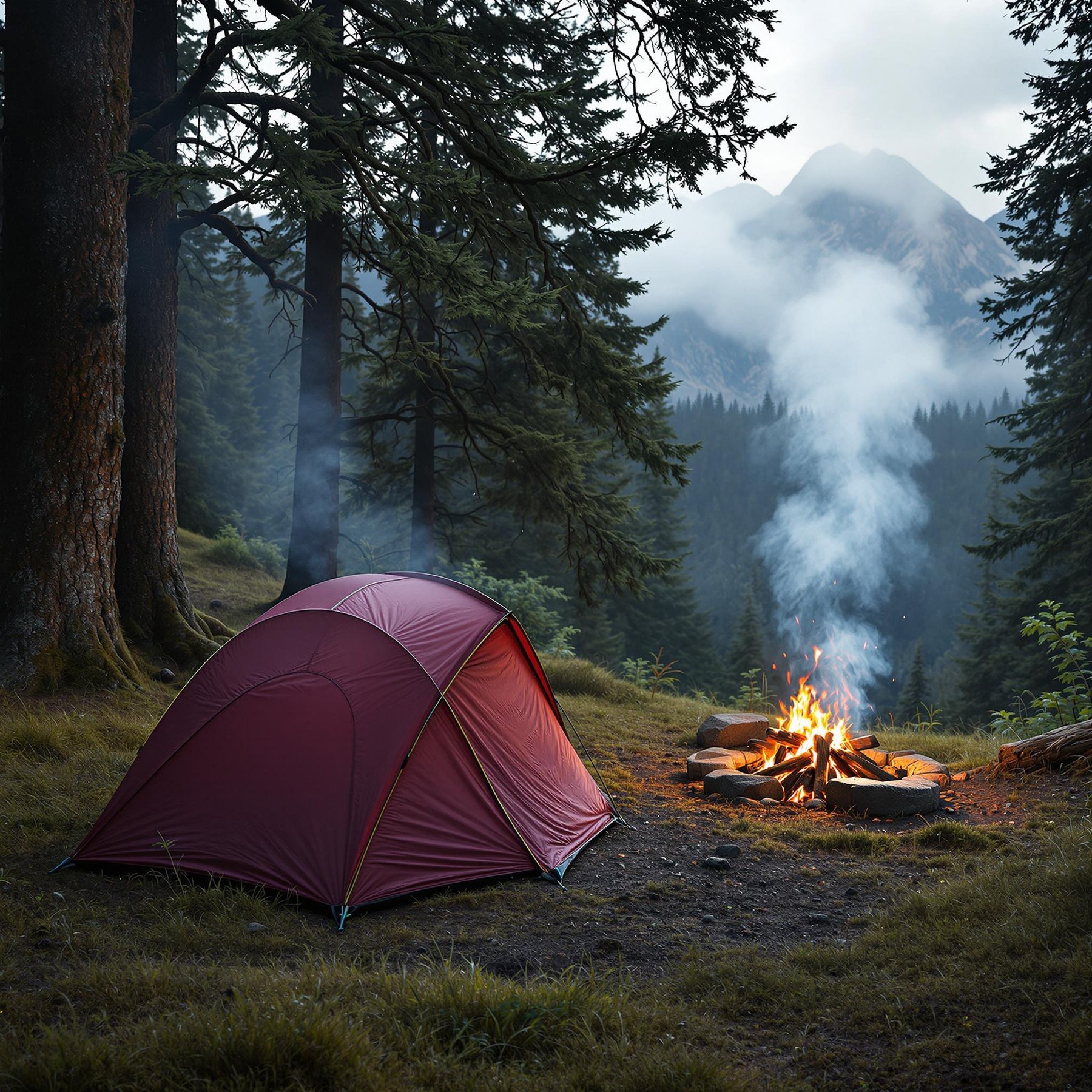 A burgundy tent rests in a green campsite beneath a partly cloudy sky. Mist and campfire smoke drift through the cool, foggy air, while tall mountains rise in the distance. From above, dew-covered grass and a nearby parking spot add to the peaceful woodland scene.