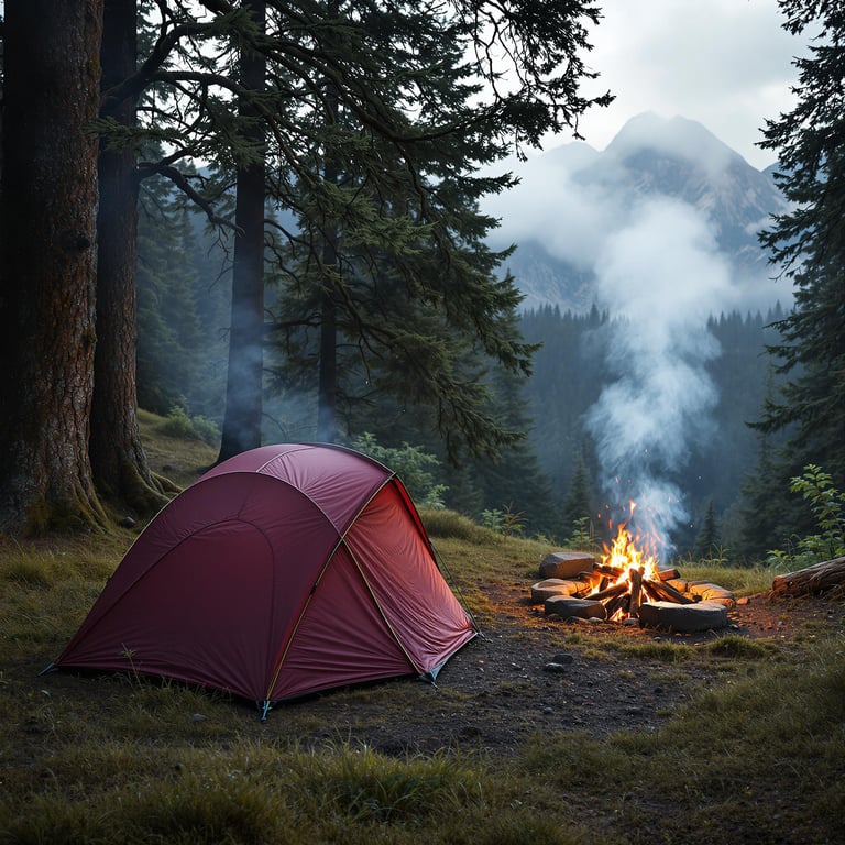 A burgundy tent rests in a green campsite beneath a partly cloudy sky. Mist and campfire smoke drift through the cool, foggy air, while tall mountains rise in the distance. From above, dew-covered grass and a nearby parking spot add to the peaceful woodland scene.