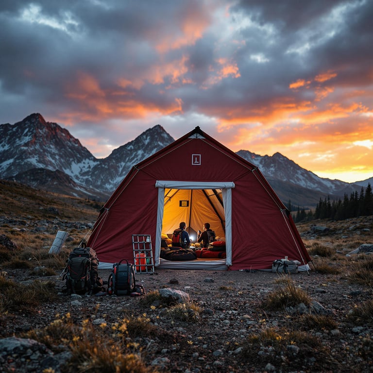 A cozy red tent sits beneath majestic snow-capped mountains, glowing warmly under a sunset sky. Friends gather inside, sharing stories and laughter as the stars begin to twinkle above. It's a perfect spot for adventure and relaxation in the great outdoors.
