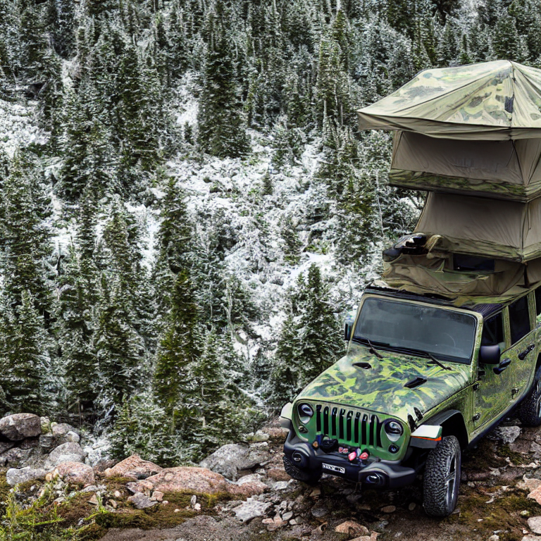 A green camo Jeep sits at a forest campsite under a snowy night sky. Its rooftop tent glows warmly above the rocky ground, while a mountain rises in the distance.