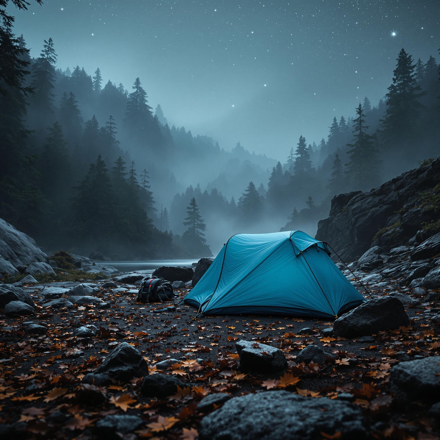A teal bivy sack rests on rocky ground in a misty rainforest at night. A backpack and fallen leaves sit nearby, while ancient petroglyphs mark the rocks. Above, a bright meteor shower lights the dark, cloudy sky.