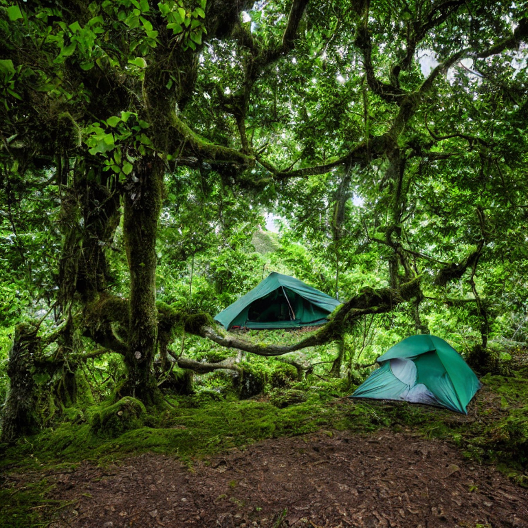 A green tent rests beside a warm campfire in a quiet forest clearing in Soufrière, St. Lucia. Mossy trees, thick bushes, and large stone slabs surround the dirt campsite, while a hammock hangs nearby. Cloudy dusk light gives the scene a cool, peaceful feeling.