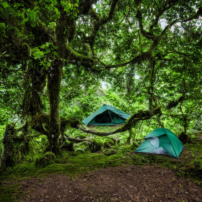 A green tent rests beside a warm campfire in a quiet forest clearing in Soufrière, St. Lucia. Mossy trees, thick bushes, and large stone slabs surround the dirt campsite, while a hammock hangs nearby. Cloudy dusk light gives the scene a cool, peaceful feeling.