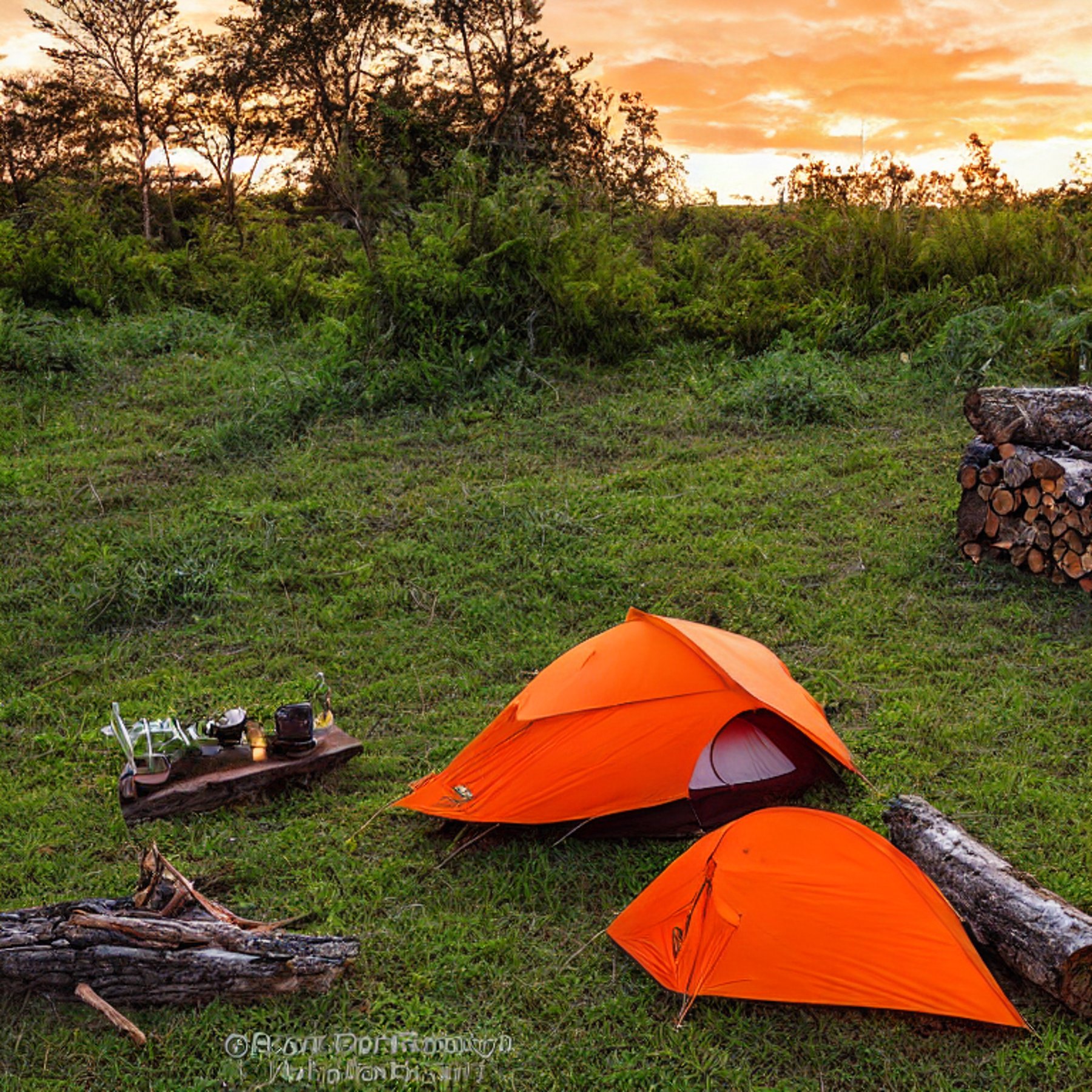 An orange tent rests on a dirt campsite in Hawaii as the sun sets under a rainy sky. A warm campfire glows beside a picnic table, camping gear, and tall, overgrown grass.