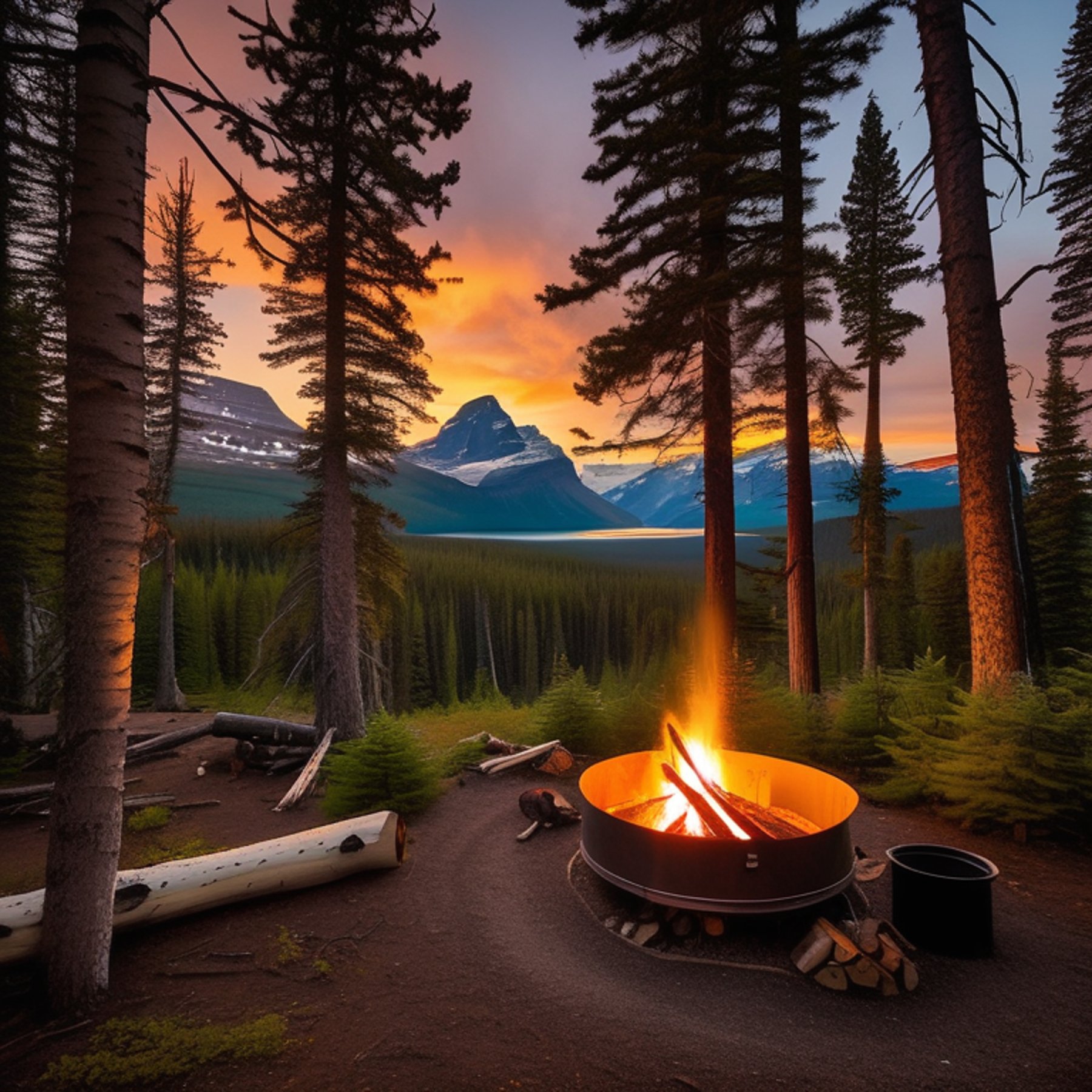A green tent rests on a dirt clearing in Glacier National Park. A warm campfire glows beside a large log as snow falls softly. Tall trees with bright fall leaves surround the peaceful campsite beneath the sunset sky.