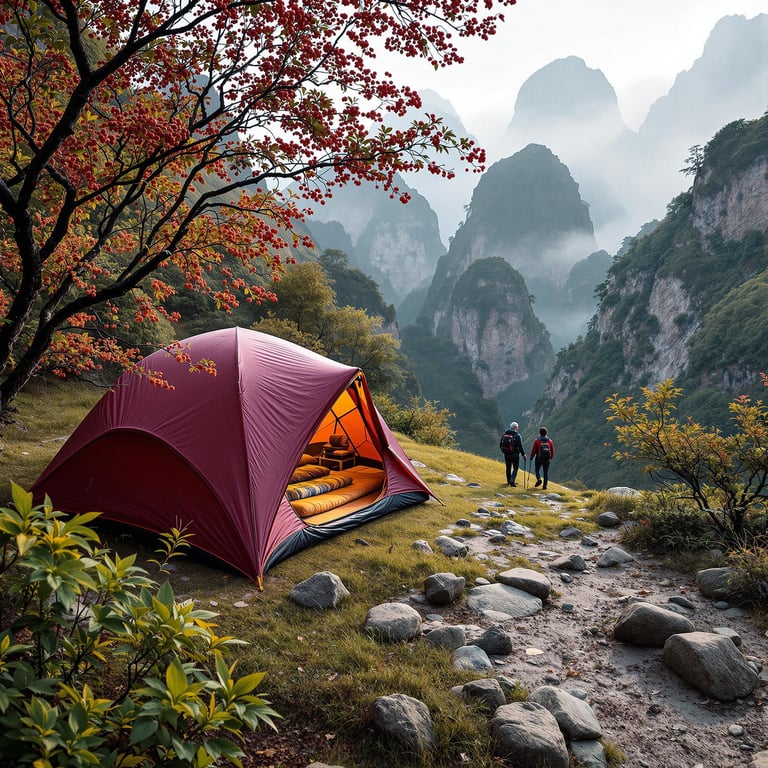 A burgundy tent rests among rocks and berry bushes in Zhangjiajie, China. Mist drifts through the wild mountain air as hikers explore nearby. From a hammock, you can look up at the wide, cloudy sky.