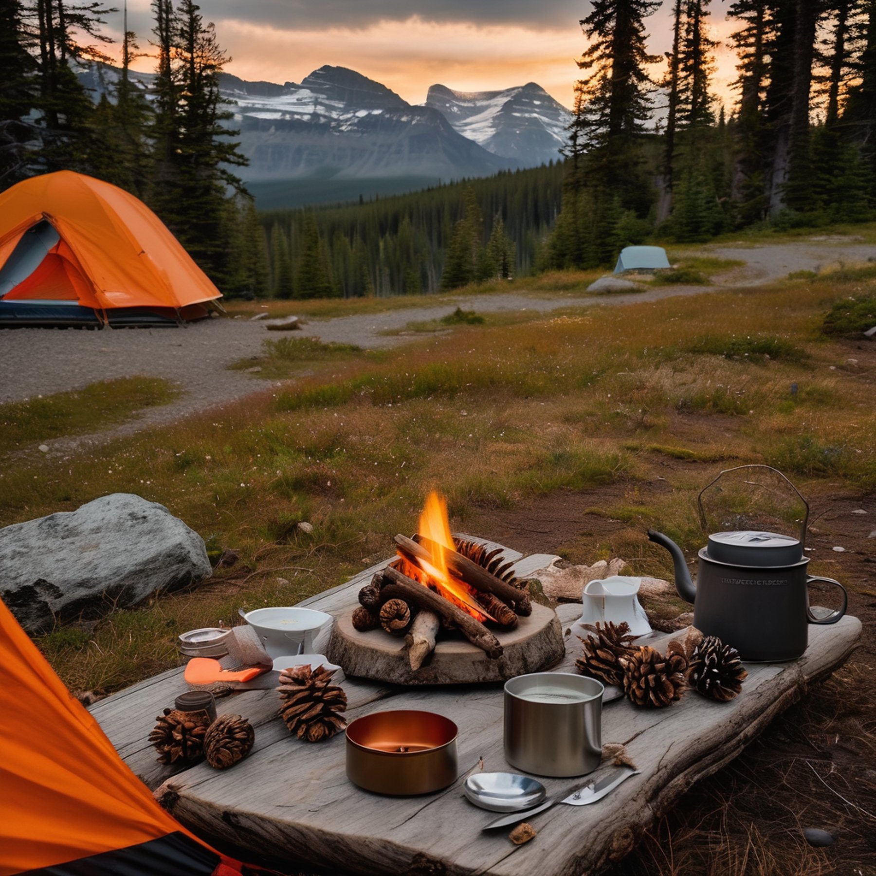 A gray and orange tent rests among pine trees in Banff National Park. A small campfire, picnic table, and cooking stove create a cozy scene on the stony ground. Butterflies flutter nearby as soft evening light shines through the clouds.