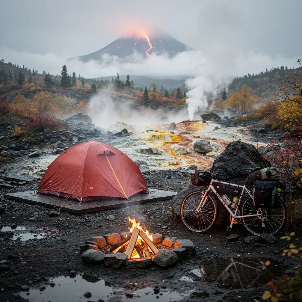 Morning fog hangs over a rocky valley where the ground steams and a small geyser spits nearby. A rust-red tent sits on a gravel pad beside a bicycle, while a warm campfire glows in the drizzle. In the distance, a volcano hums on the horizon with a faint red shine through the mist.