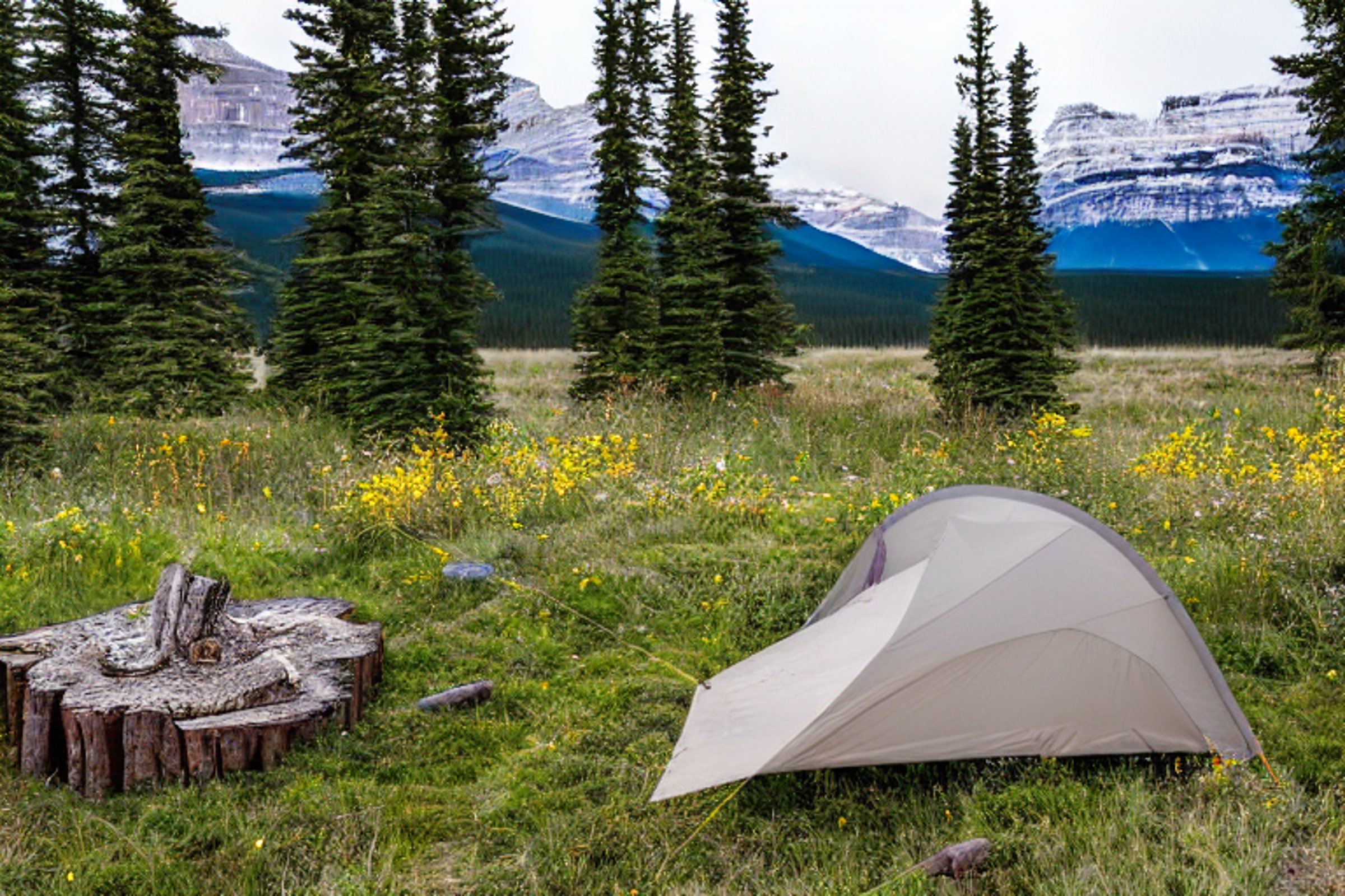 A cozy tent rests on a paved campsite in Banff National Park as soft sunrise light shines through the fog. Wildflowers and tall grass surround the dirt clearing, with gravel patches and a large log beside the campfire.