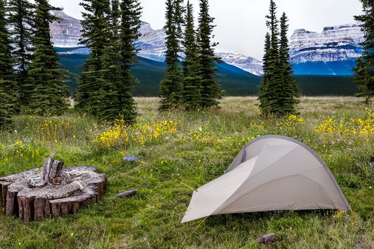 A cozy tent rests on a paved campsite in Banff National Park as soft sunrise light shines through the fog. Wildflowers and tall grass surround the dirt clearing, with gravel patches and a large log beside the campfire.