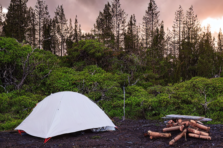 A white tent rests on a paved campsite beneath mossy trees in Hawaii. A campfire glows beside a picnic table, while surfers gather nearby under a stormy golden sky.