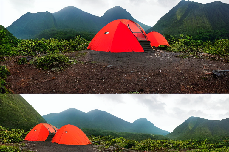 A colorful tent rests on a rough dirt campsite beneath a starry, stormy sky. A warm campfire glows beside a large log, while dark mountains and berry-covered bushes surround the camp.