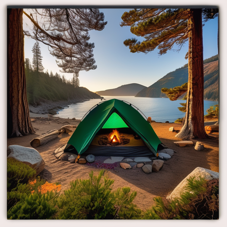 A green tent glows beside a warm campfire under a sky full of stars. Wildflowers dot the dirt campsite, with a mountain rising beyond the trees. The peaceful California coast feels wild and cozy.