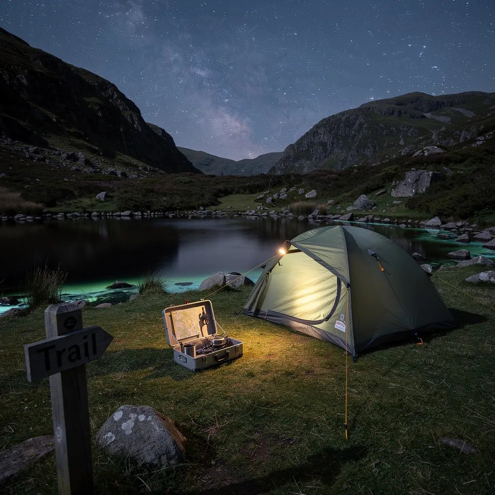 A small tent sits on short grass beside a quiet pond, tucked under dark, rugged hills. Warm light from a headlamp makes the campsite feel cozy, while stars sparkle all across the clear night sky. A wooden trail marker stands nearby, and the water’s edge softly shimmers like magic.