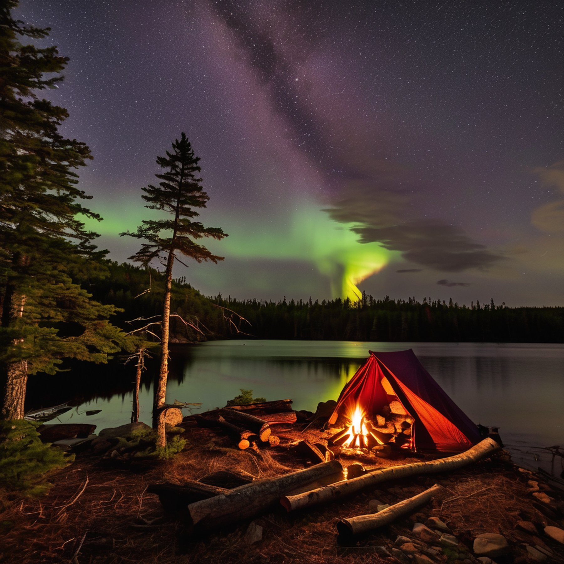 A burgundy shelter glows beside a warm campfire under colorful northern lights. Across the water, the campsite and nearby canoe shimmer in the reflection as lightning flashes in the stormy sky.