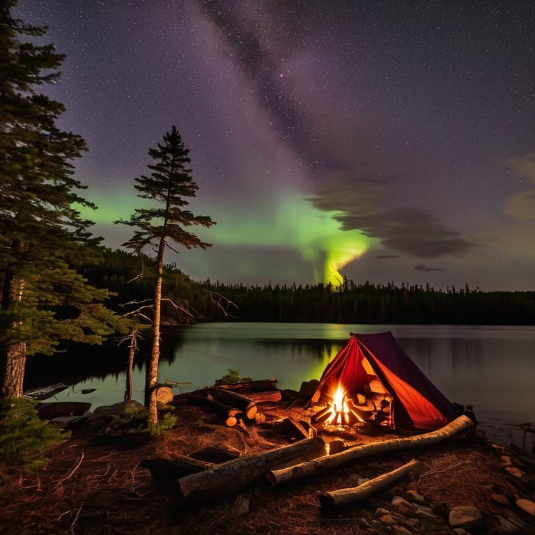 A burgundy shelter glows beside a warm campfire under colorful northern lights. Across the water, the campsite and nearby canoe shimmer in the reflection as lightning flashes in the stormy sky.