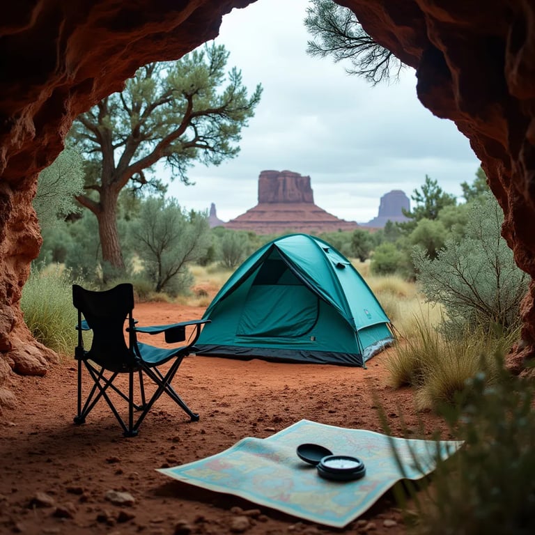 A teal tent rests in tall grass beneath moss-covered trees in Monument Valley. A camping chair sits nearby, while a map and compass mark the spot. Seen from a cave entrance, the cloudy sky and bright wildflowers create a calm, wild feeling.