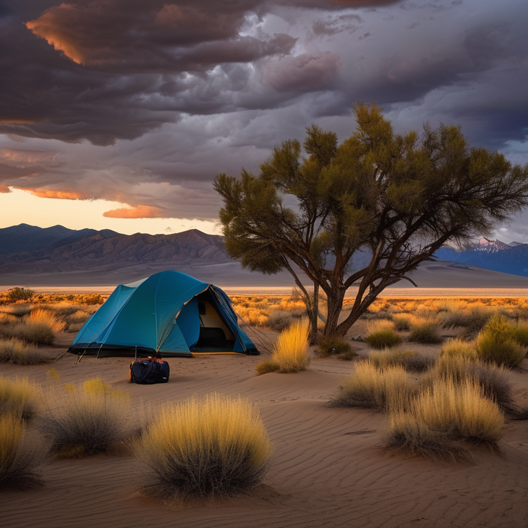 A cozy tent rests on a rough dirt campsite as dusk settles over the Great Sand Dunes. Berry-covered bushes and tall grass surround the camp, with chairs waiting under a dark, stormy sky.